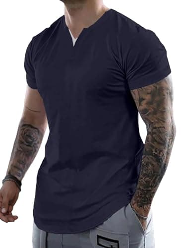 JMIERR Shirts Muscle Slim Tight T Shirt V-Neck Short Sleeve Longline Shirts Gym Workout Hip Hop Cotton Tees Shirts, US 50(2XL), Navy Blue - Image 1
