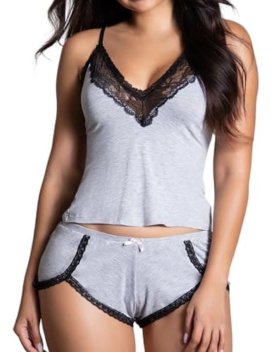 Tidouk Women Pajama Sets 2 Piece Sexy Pajamas Elastic Waist Lace Nightwear Cami and Short Set(Gray,Small) - Image 1