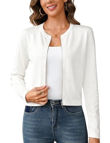 Totatuit Women's Long Sleeve Shrugs Open Front Cropped Sweater Cardigan White - Image 1