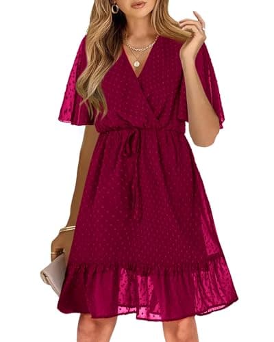 KIRUNDO Womens Summer Dresses 2026 Casual Spring Short Sleeve V Neck Ruffle Swiss Dot High Waist Belted Flowy Mini Dress, Style2-wine Red, Medium - Image 1