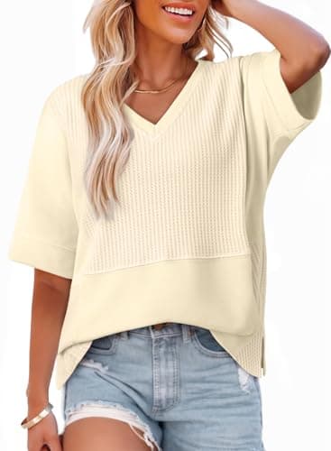 Dokotoo Casual Tops for Women Tshirts Beige Fluffy Touch Waffle Tees V Neck Short Sleeve Shirt Casual Dressy Oversized Summer Outfit Ladies 2026 Trendy Clothing Loose Fit Size XX-Large - Image 1