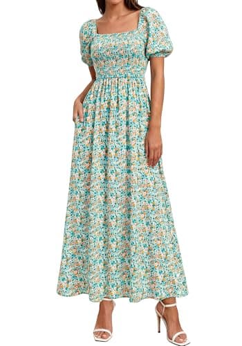 BTFBM Spring Summer Dresses for Women 2026 Puff Short Sleeve Smocked Floral Print Boho Beach Wedding Guest Maxi Dress(Light Green Flower, Medium) - Image 1