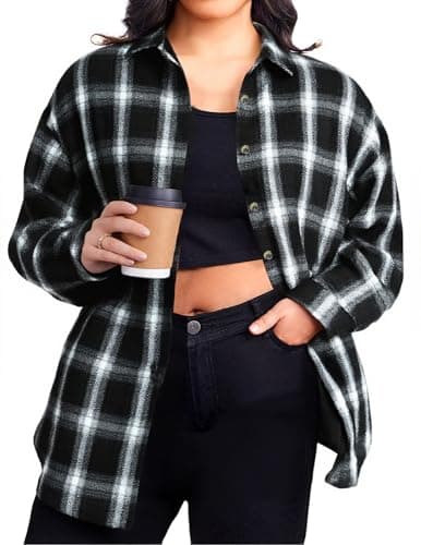 BLANCHES Plus Size Flannel Shirts for Women Lightweight Plaid Shirt Button Down Blouses Casual Boyfriend Shacket Black - Image 1