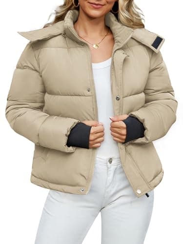 Funlingo Womens Cropped Puffer Jacket with Hood Winter Warm Zip Up Ladies Quilted Coat Fashion 2025 Puffy Outerwear with Pockets Khaki XL - Image 1