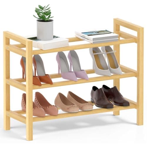 Haddockway Bamboo Shoe Rack for Closet, Free Standing Shoe Organizer with Smooth Round Rods & Convenient Handles, Stackable Shoe Storage Shelf for Entryway, Hallway(Natural, 3-Tier(Small)) - Image 1