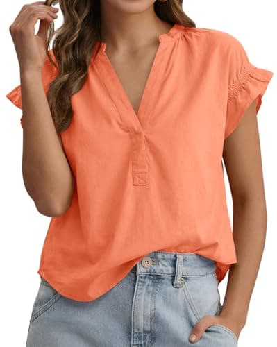 Tankaneo Womens Ruffle Cap Sleeve Tops Summer V Neck Cotton Blouse Dressy Casual Loose Fit Curved Hem T Shirts Orange - Image 1