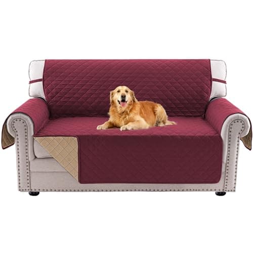 PrinceDeco Oversized Loveseat Couch Cover for 2 Cushion Couch Sofa,Reversible Sofa Cover Water Resistant, Furniture Cover with Elastic Straps for Dogs, Kids(Oversized Loveseat 54", Wine/Tan) - Image 1