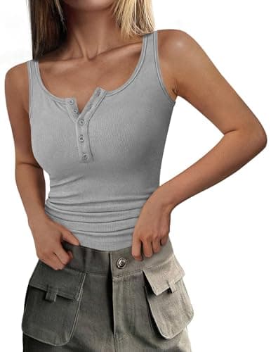 PRETTYGARDEN Womens 2026 Summer Tank Tops Ribbed Knit Slim Fit Sleeveless Henley Shirts Casual Basic Button Up Blouse (Grey,Small)