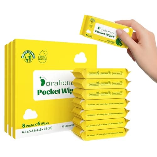Dorahoney Unscented Travel Wet Wipes, 99% Purified Water Mini Wipes for Sensitive Skin, Hypoallergenic & Plastic-Free Pocket Wipes, 144 Count (24 Packs of 6)