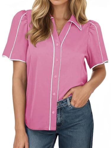 Tankaneo Womens Puff Short Sleeve Button Down Shirts Summer V Neck Color Block Tops Dressy Casual Blouse Pink - Image 1
