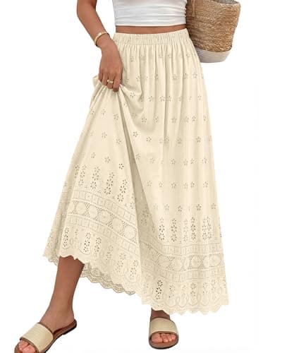 dowerme Women Summer Maxi Skirt Cute Elastic High Waist Boho Eyelet A-Line Cotton Flwoy Long Skirts Spring Clothes 2026(Beige,X-Large) - Image 1