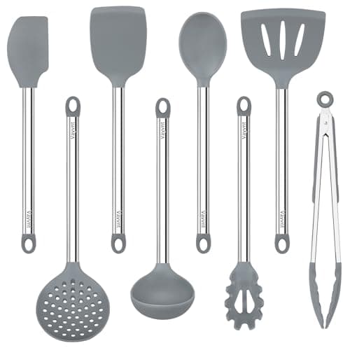 8 PCS Cooking Utensils Set, Vayvnt Silicone Kitchen Spatula Set for Cooking, Non Toxic Silicone Kitchen Utensils with Stainless Steel Long Handle, Spoon and Tong, Heat Resistant&Dishwasher Safe, Gray - Image 1
