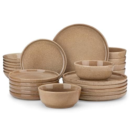 vancasso ANYA 24 Pieces Plates and Bowls Set, Caramel Dinnerware Sets, Reactive Glaze Dishes Set for 6, Ceramic Dishware Sets Kitchen Dinner Set, Microwave & Dishwasher Safe - Image 1