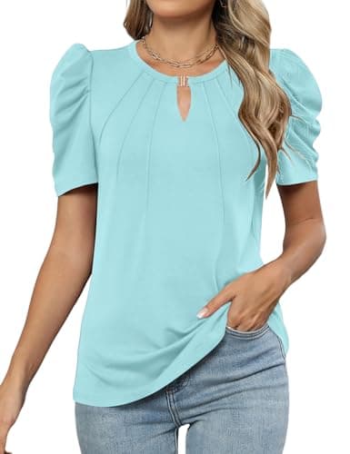 LUYAA Summer Tops for Women 2025 Spring Short Sleeve Shirts Floral Blouses Business Casual Tops V Neck T Shirts Travel Outfits XXL Blue - Image 1