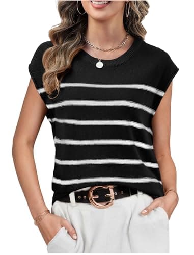 Neweek Sleeveless Sweater Vest for Women Spring Summer Crew Neck Knit Lightweight Pullover Casual Loose Fit Striped Tops, Black Stripe White S - Image 1