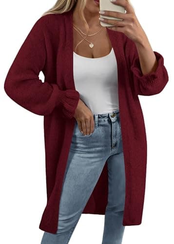 KIRUNDO Long Cardigan Sweaters for Women 2026 Spring Casual Oversized Ruffle Long Sleeve Open Front Chunky Knit Sweater Coats(Burgundy, X-Large) - Image 1