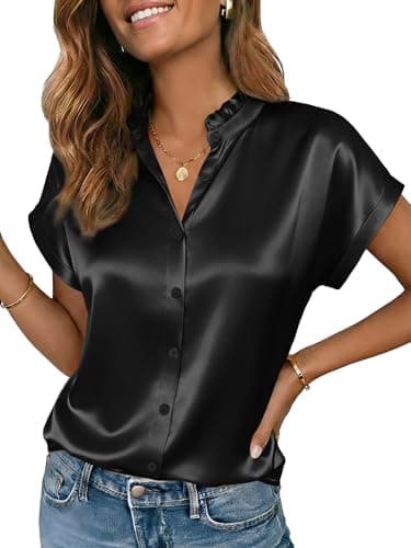 Funlingo Womens Blouses Short Sleeve Satin Silk Button Down Shirts Dressy Business Casual Work Tops Summer Office Clothes 2026 Black M - Image 1