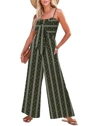 Dokotoo Jumpsuits for Women 2025 Fashion Spaghetti Strap Womens Boho Overalls Loose Casual Wide Leg One Piece Sleeveless Beach Vacation Outfits Long Pant Rompers with Pockets,Green-Striped XX-Large - Image 1