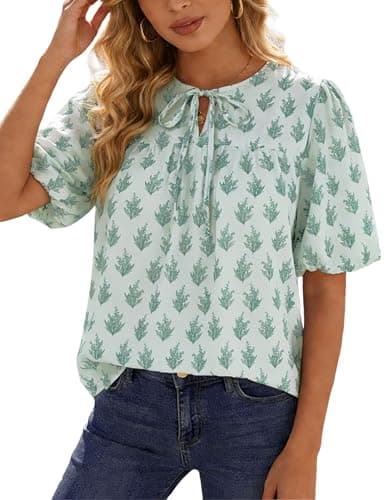 Belle Poque Green Floral Babydoll Tops for Women Short Puff Sleeve Tie Front Blouse Loose Fit 2026 Summer Boho Tops XL - Image 1