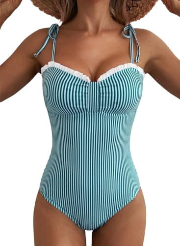 Herseas Women One Piece Swimsuit Striped High Cut Adjustable Tie Shoulders Stretchy Push Up Tummy Control Bathing Suit Romantic Beach Vacation Essentials Light Green Stripe X-Large - Image 1
