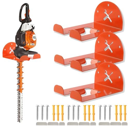 Upgraded Trimmer Rack Wall Mount - 8" Heavy Duty Weed Eater Hanger for Garage Wall, Garden Power Tool Holder Organizer Hooks for Grass Trimmer, Hedge Trimmer, Leaf Blower and Chainsaw, Orange, 3 Pack - Image 1