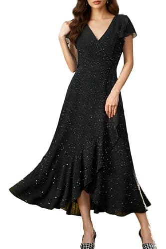 Lesuxa Black Formal Dresses for Women Gowns Evening Party Cocktail Dress,Women Formal Party Dress,V Neck Wedding Guest Dresses. (US, Alpha, Small, Plus, Regular, Black-018) - Image 1