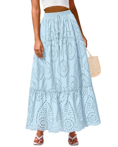 BTFBM Boho Long Skirts for Women Spring Summer 2026 Lace Embroidery High Waist Flowy Tiered Maxi Skirt Beach Vacation(Light Blue, Medium) - Image 1