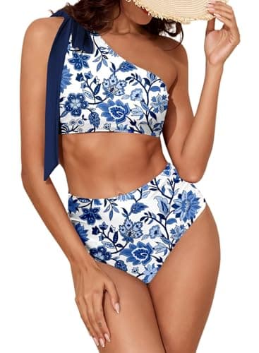 Herseas Women's 2 Piece Tie Shoulder Bikini Sets High Waist Swimwear Ruching Slimming Swimsuits Vintage Floral Print Bathing Suit Ladies Beach Vacation Outfits Medium - Image 1