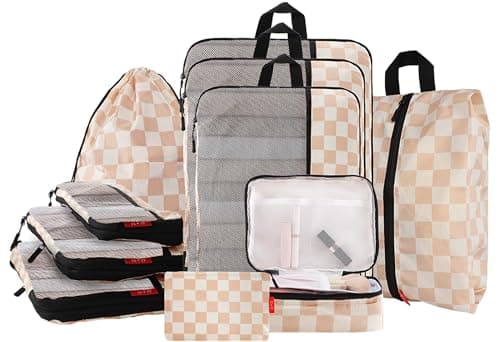 U+U 10 Set Compression Packing Cubes - Ultralight Travel Organizers with Laundry Bag and Cosmetic Bag, Space-Saving Suitcase Organizer for Travel, Business Trip and Family Vacation (Khaki Checkered) - Image 1