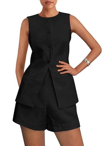 PRETTYGARDEN Women's 2 Piece Sets 2026 Summer Trendy Button Down Suit Vest Tops High Waisted Shorts Business Casual Outfits (Black,Small) - Image 1