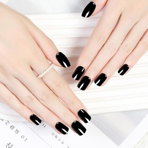Black Gothic Press On Nails Short - No Glue Square Acrylic Fake Nails, Chip-Free Breathable Fit with Nail File for Beginners, 24 Nails in 12 Sizes - Image 1