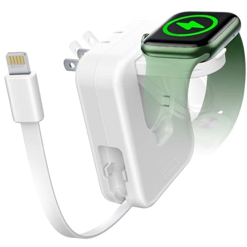 AFLYDOG for Apple Watch Charger Block, 2 in 1 Wall Charger with Built-in Retractable Charging Cable, Travel Foldable Plug Power Adapter Compatible with iPhone iWatch (White) - Image 1