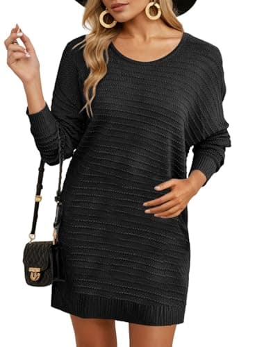 Dokotoo Women Lightweight Mini Sweater Dresses Batwing Long Sleeve Crewneck Textured Pullover Jumper 2025 Solid Short Sweater Dresses Fall Dress for Wedding Guest Large Black - Image 1