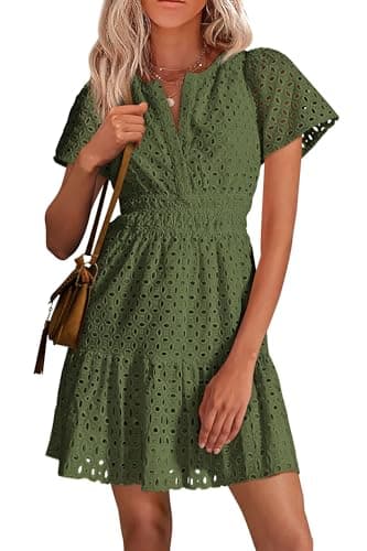 PRETTYGARDEN Womens 2026 Summer Short Dress V Neck Short Sleeve A Line Hollow Out Lace Ruffle Cute Casual Beach Party Dresses (Army Green,XX-Large) - Image 1
