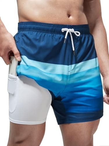 Arcweg Mens Swimming Trunks 2 in 1 with Boxer Liner 5.5" Quick Dry Swimwear Bathing Suit Swim Shorts with Zipper Pockets Navy Stripe - Image 1