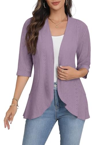 Askyes Women Summer Cardigan Plus Size 3/4 Sleeves Open Front Ruffles Eyelet Knit Casual Dressy Cardigan,Light Purple,3XL - Image 1