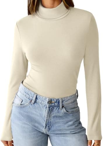 GKBK Womens Long Sleeve Shirts Mock Turtleneck Turtle Neck Fall Fashion Basic Thermal Underwear Layer Tops Tight Slim Fit Cute Ribbed T-Shirts Winter Pullover Clothes 2025 Beige L - Image 1