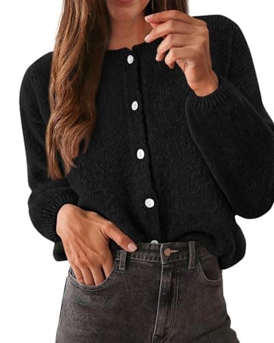 KIRUNDO Women’s Cardigans Casual Loose Button Up Long Sleeve Crewneck Knit Cardigan Sweaters Open Front Outerwear Coats(Black, Large) - Image 1