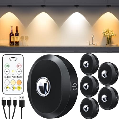 WILLED Puck Lights with Remote Control, Rechargeable Under Cabinet Lights, 1200mAh Battery Operated Tap Lights, Dimmable Push Lighting, Wireless Closet Light, LED USB Stick On Light (6 Pack) - Image 1