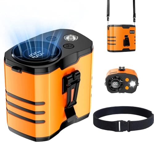 Auxemu Portable Waist Fan, Rechargeable Belt Fan with 10-Speed Turbo Motor, 35H Runtime, 130° Wide Airflow Body Fan with LED Light, Hands-Free Wearable Fan for Outdoor Work, Camping, Fishing (Orange) - Image 1