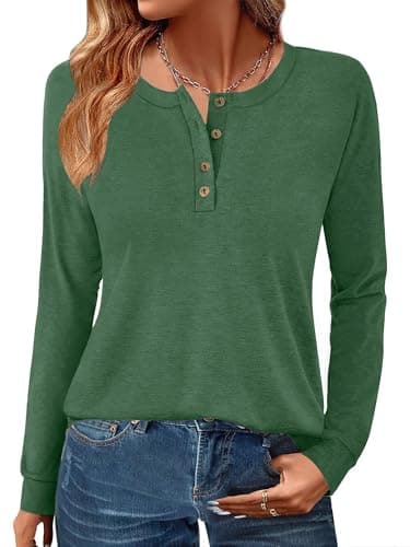 GKBK Womens Henley Tops Long Sleeve Shirts Button Pullover Loose Fit Henley Neck Lightweight Tunic Blouse Green XXL - Image 1