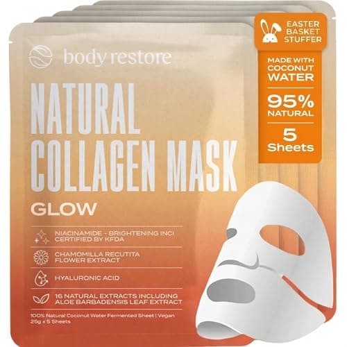 Body Restore Korean Bio-Cellulose Glow Face Mask (5 Pack) – Niacinamide & Vitamin C Sheet Mask for Dark Spots, Uneven Tone – Hydrating Facial Mask Skincare for Glowing Skin – K-Beauty - Image 1