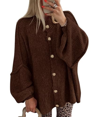 BTFBM Cardigan Sweaters for Women 2026 Fall Clothes Lantern Long Sleeve Button Open Front Chunky Knit Oversized Sweater(Brown, Large) - Image 1