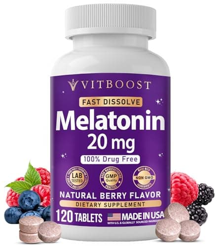 VITBOOST Melatonin 20 mg – 120 Fast Dissolve Tablets – Natural Berry Flavor – High Potency Sleep Aid – 100% Drug Free, Non-GMO, Made in USA - Image 1