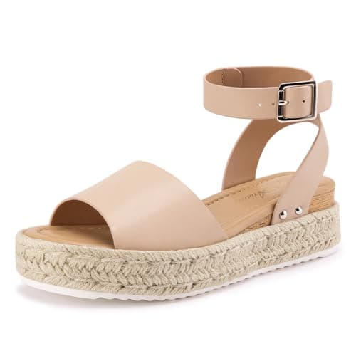 Athlefit Nude Sandals Open Toe Casual Summer Shoes Cute Ankle Strap Platform Espadrilles with Low Wedge Comfort size 7 - Image 1