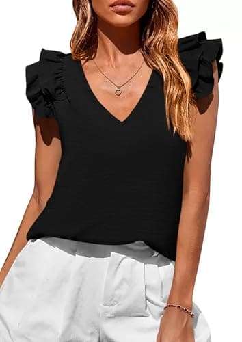 PRETTYGARDEN Blouses for Women Dressy Casual Summer Going Out Tops 2026 Spring Business Work V Neck Ruffle Cap Sleeve Shirts (Black,Small) - Image 1