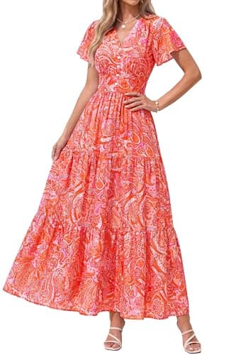PRETTYGARDEN Women Summer Maxi Dresses 2026 Short Sleeve V Neck Button Floral Tiered Flowy Boho Sundress Beach Outfits(Floral Orange Red,Medium) - Image 1