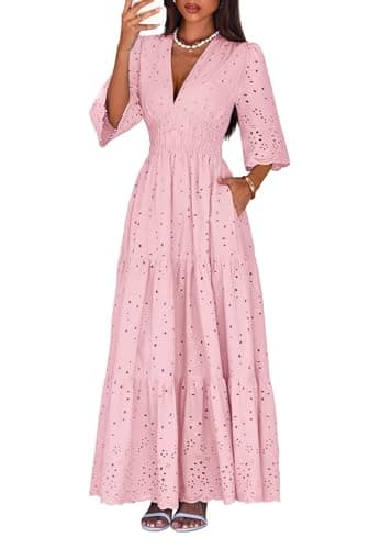 Lazysmile Long Sleeve Dresses for Women V Neck Hollow Out Eyelet Ruffle Swing A-Line Fall Vacation Boho Maxi Dress Pink - Image 1