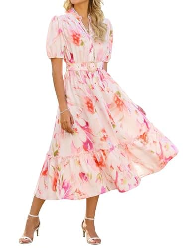 GRACE KARIN Womens Summer Floral Maxi Dress 2026 Casual Puff Short Sleeve Shirt Dress Boho Flowy Dresses with Pockets & Belt White Pink Floral XL - Image 1