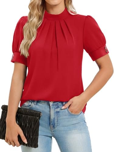 Funlingo Blouses for Women Dressy Casual Short Puff Sleeve Work Tops 2026 Spring Mock Neck Loose Fitting Shirts for Business Office Red L - Image 1